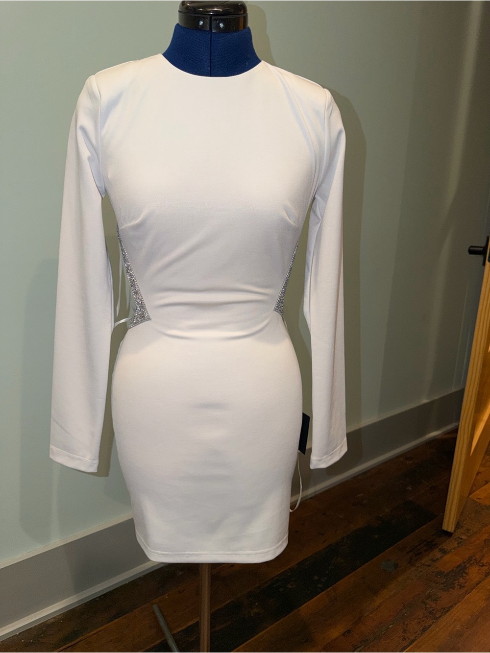 Lulu's White Long-Sleeve Bodycon Dress with Side Sparkle cutouts and open back